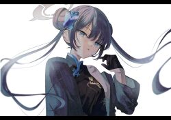 Rule 34 | 1girl, black dress, black gloves, black hair, blue archive, butterfly hair ornament, coat, double bun, dragon print, dress, gloves, grey coat, grey eyes, hair bun, hair ornament, half gloves, halo, highres, kisaki (blue archive), letterboxed, long hair, looking at viewer, naoton, off shoulder, open clothes, open coat, parted lips, print dress, simple background, single bare shoulder, sleeveless, sleeveless dress, solo, striped, striped coat, twintails, upper body, vertical-striped coat, white background