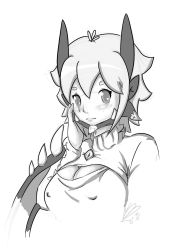 Rule 34 | 1girl, antenna hair, blush, breasts, brooch, dragon, dragon girl, greyscale, highres, jewelry, kinokashi, looking at viewer, md5 mismatch, meme attire, monochrome, monster hunter (series), open-chest sweater, rathian, short hair, simple background, sketch, solo, sweater, torn clothes, turtleneck, white background, wyvern