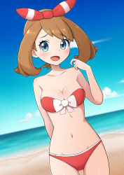 Rule 34 | 1girl, :d, bikini, blue eyes, blush, breasts, brown hair, cleavage, cloud, collarbone, commentary request, cowboy shot, creatures (company), day, eyelashes, game freak, gluteal fold, hand up, highres, looking at viewer, may (pokemon), medium hair, navel, nintendo, open mouth, outdoors, pokemon, pokemon oras, ppmmkoko360, raised eyebrows, red bikini, sand, shiny skin, shore, sky, smile, solo, swimsuit, tongue, water