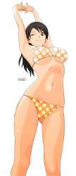 Rule 34 | 1girl, arched back, armpits, arms up, bikini, black hair, breasts, hairband, interlocked fingers, large breasts, long hair, navel, one eye closed, orange bikini, original, own hands clasped, own hands together, polka dot, polka dot bikini, polka dot swimsuit, red eyes, ryouzou, signature, simple background, skindentation, smile, solo, stretching, swimsuit, underboob, wink