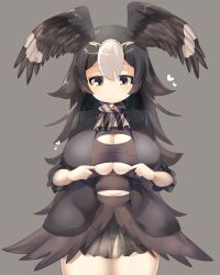 Rule 34 | 1girl, ascot, bird girl, bird wings, black hair, black jacket, black wings, blush, breasts, brown shirt, circlet, cleavage, cleavage cutout, closed mouth, clothing cutout, commentary request, cowboy shot, feathered wings, grey background, grey eyes, hair between eyes, head wings, heart, highres, jacket, kemono friends, large breasts, lets0020, long hair, long sleeves, looking at viewer, multicolored hair, navel cutout, shirt, simple background, skirt, smile, solo, striated caracara (kemono friends), striped ascot, torn clothes, torn shirt, two-tone hair, underboob cutout, white hair, wings