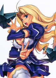 Rule 34 | 1girl, absurdres, antenna hair, blonde hair, blue eyes, blush, boots, breasts, cleavage, cleavage cutout, clothing cutout, detached sleeves, dress, elbow gloves, elizabeth mably, female focus, freezing (series), gloves, highres, jewelry, kim kwang hyun, large breasts, long hair, looking at viewer, necklace, no bra, official art, open mouth, puffy short sleeves, puffy sleeves, scan, shirt, short sleeves, skirt, solo, thigh boots, thighhighs