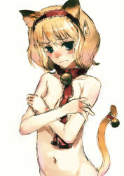 Rule 34 | 1girl, alice margatroid, animal ears, blush, cat ears, cat girl, cat tail, covering privates, female focus, kemonomimi mode, nokishita, nude, nude cover, sketch, solo, sweatdrop, tail, touhou