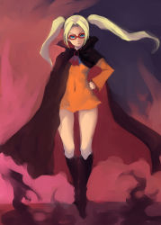 Rule 34 | 1girl, akatsuki blitzkampf, blonde hair, blue eyes, boots, breasts, cape, covered navel, dress, full body, glasses, gradient background, hair intakes, hand on own hip, highres, johan (johan13), knee boots, long hair, mycale, orange dress, red-framed eyewear, short dress, small breasts, smile, solo, twintails