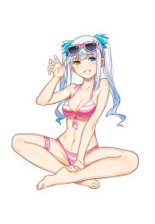 Rule 34 | 1girl, :d, bad id, bad pixiv id, bare arms, bare legs, bare shoulders, barefoot, bikini, blue eyes, blue hair, blunt bangs, blush, breasts, claw pose, cleavage, collarbone, eyewear on head, fang xue jun, full body, grin, hair ornament, heterochromia, indian style, kagura gumi, kagura mea, long hair, looking at viewer, medium breasts, navel, open mouth, pink-framed eyewear, pink bikini, sidelocks, sitting, smile, solo, stomach, striped bikini, striped clothes, sunglasses, swimsuit, teeth, thigh strap, twintails, virtual youtuber, yellow eyes
