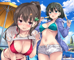 2girls :o aqua_bikini bent_over bikini black_hair blue_eyes blue_jacket blue_sky blush breasts brown_hair cleavage cloud commentary_request day food hair_ornament hairclip holding holding_food holding_popsicle jacket large_breasts leaf_hair_ornament long_hair medium_breasts mizuhara_yuu multiple_girls navel open_mouth original outdoors ponytail poolside popsicle purple_eyes red_bikini shirt short_hair sidelocks sky smile swimsuit teeth tree umbrella underboob upper_teeth_only water_slide white_shirt