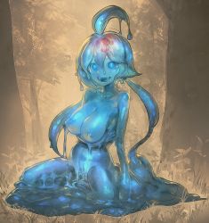 Rule 34 | 1girl, :d, ahoge, aos, blue eyes, blue hair, blue skin, breast hold, breasts, colored skin, dripping, female focus, grass, hair between eyes, large breasts, long hair, looking at viewer, matching hair/eyes, monster girl, nipples, nude, open mouth, original, short hair, sitting, slime girl, smile, solo, spread legs, tareme, tree, twintails, wariza
