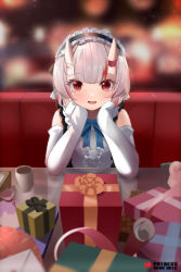 Rule 34 | 1girl, blue bow, blue bowtie, blush, bow, bowtie, box, center frills, commentary, fang, frilled hairband, frills, gift, gift box, hairband, hands on own cheeks, hands on own face, head rest, hololive, horns, long sleeves, looking at viewer, mujinbensin, nakiri ayame, nakiri ayame (girly), open mouth, red eyes, shirt, silver hair, skin-covered horns, sleeveless, sleeveless shirt, smile, solo, table, virtual youtuber, white shirt
