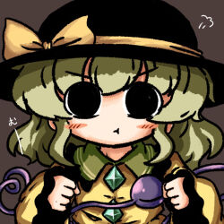 Rule 34 | 1girl, angry, black eyes, black hat, blouse, blush, bow, brown background, buttons, clenched hands, closed mouth, diamond button, eyeball, frilled shirt collar, frilled sleeves, frills, hands up, hat, hat bow, hat ribbon, heripantomorrow, komeiji koishi, light green hair, long sleeves, looking at viewer, medium hair, pout, ribbon, shirt, sidelocks, simple background, solo, third eye, touhou, upper body, v-shaped eyebrows, wavy hair, wide sleeves, yellow bow, yellow ribbon, yellow shirt