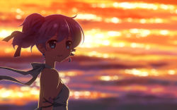 Rule 34 | 1girl, :d, armlet, bare shoulders, blue eyes, casual, djmax, djmax portable, earrings, evening, halterneck, halterneck, highres, jewelry, ladymade star, looking at viewer, looking back, open mouth, ponytail, purple hair, reflection, side ponytail, smile, solo, strap gap, sunlight, upper body, water, yuuki tatsuya