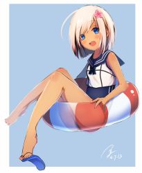 Rule 34 | 10s, 1girl, :d, alternate hair length, alternate hairstyle, artist name, bare arms, bare legs, barefoot, blue background, blue eyes, blush, commentary request, feet, flower, full body, hair flower, hair ornament, happy, kantai collection, koruta (nekoimo), legs, lifebuoy, looking at viewer, open mouth, outside border, platinum blonde hair, ro-500 (kancolle), shoe dangle, shoes, short hair, simple background, single shoe, smile, solo, swim ring, swimsuit, swimsuit under clothes, tan, tanline, toes