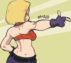 Rule 34 | 1girl, absurdres, belt, blonde hair, blue mary, crop top, dimples of venus, fatal fury, fingerless gloves, from behind, gloves, highres, pointing, signature, smile, solo, the king of fighters, whoopsatro