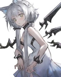 Rule 34 | 1girl, a216953341, animal ear fluff, animal ears, arknights, bare shoulders, blush, cat ears, closed mouth, commentary request, dress, green eyes, grey hair, hair over shoulder, highres, long hair, looking at viewer, low twintails, rosmontis (arknights), rosmontis (become anew) (arknights), simple background, sleeveless, sleeveless dress, solo, sweat, twintails, very long hair, white background, white dress