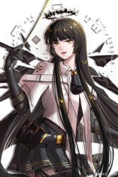 Rule 34 | 1girl, absurdres, antenna hair, arknights, artist name, ascot, belt, belt buckle, black ascot, black belt, black garter straps, black gloves, black hair, black halo, black shirt, black skirt, black thighhighs, black wings, bow (music), broken halo, buckle, chinese commentary, collared jacket, commentary request, cowboy shot, dark halo, detached wings, diamond-shaped pupils, diamond (shape), drop shadow, energy wings, eyelashes, floating clothes, from side, garter straps, gloves, grey eyes, halo, hand out of frame, hand up, happy, highres, holding, holding bow (music), jacket, lace, lace-trimmed skirt, lace trim, layered sleeves, lips, long hair, long sleeves, looking at viewer, looking to the side, miniskirt, mole, mole under eye, musical note, nai kawakami, open mouth, pale skin, pleated skirt, pouch, shadow, shirt, shirt tucked in, short over long sleeves, short-sleeved jacket, short sleeves, sidelocks, simple background, skirt, smile, solo, standing, straight hair, strap, symbol-shaped pupils, teeth, thighhighs, tongue, two-tone eyes, upper teeth only, very long hair, virtuosa (arknights), watermark, weibo logo, weibo watermark, white background, white jacket, wide sleeves, wing collar, wings, yellow eyes, yellow pupils, zettai ryouiki