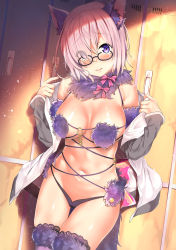 Rule 34 | 1girl, animal ear fluff, animal ears, bare shoulders, boots, breasts, cross-laced footwear, elbow gloves, fake animal ears, fake tail, fate/grand order, fate (series), fur collar, fur trim, glasses, gloves, grey jacket, hair over one eye, halloween costume, highres, indoors, jacket, kawai (purplrpouni), lace-up boots, large breasts, locker, long sleeves, looking at viewer, mash kyrielight, mash kyrielight (dangerous beast), o-ring, o-ring top, official alternate costume, purple eyes, purple gloves, purple hair, purple thighhighs, revealing clothes, ribbon, short hair, solo, tail, thighhighs, undressing, wolf ears, wolf tail