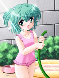 Rule 34 | 1girl, child, collarbone, frilled swimsuit, frills, green eyes, green hair, happy, hose, matching hair/eyes, one-piece swimsuit, open mouth, original, pink one-piece swimsuit, short hair, short twintails, solo, swimsuit, tenshou akira, twintails, two side up, wading pool