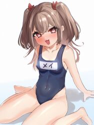 Rule 34 | 1girl, :3, :d, artist request, barefoot, blush, breasts, brown eyes, brown hair, covered navel, gaurir, hair between eyes, heart, heart-shaped pupils, highres, one-piece swimsuit, open mouth, original, simple background, sitting, small breasts, smile, solo, swimsuit, symbol-shaped pupils, white background