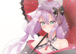 Rule 34 | 1girl, aqua eyes, bare shoulders, black kimono, blush, bow, breasts, cherry blossoms, cleavage, closed mouth, collarbone, criss-cross halter, flower, green eyes, hair between eyes, hair bow, hair flower, hair ornament, halterneck, highres, japanese clothes, kimono, komanegi, long hair, looking at viewer, low twintails, nijisanji, off shoulder, oil-paper umbrella, petals, purple hair, sakura ritsuki, simple background, smile, solo, twintails, umbrella, upper body, virtual youtuber, white background