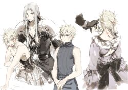 Rule 34 | 2boys, angry, armor, back bow, bare shoulders, belt, black bow, black coat, black gloves, black ribbon, blonde hair, blue eyes, blush, bow, bracer, bustle, cloud strife, cloud strife (ball gown), coat, corset, crossdressing, dress, final fantasy, final fantasy vii, frilled dress, frills, gloves, grey hair, high collar, highres, long bangs, long coat, long hair, long sleeves, lydiaaa, male focus, multiple belts, multiple boys, neck blush, open clothes, open coat, pants, parted bangs, pauldrons, puffy dress, puffy long sleeves, puffy sleeves, purple dress, ribbon, sephiroth, short hair, shoulder armor, sleeveless, sleeveless turtleneck, smirk, turtleneck, white bow
