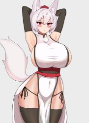 Rule 34 | 1girl, absurdres, animal ear fluff, animal ears, armpits, arms behind head, black gloves, black panties, black thighhighs, blush, breasts, closed mouth, covered navel, gloves, grey background, highres, inubashiri momiji, japanese clothes, large breasts, looking at viewer, ody kishi, panties, pom pom (clothes), red eyes, short hair, simple background, solo, string panties, tail, thighhighs, touhou, underwear, white hair, wolf ears, wolf girl, wolf tail