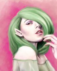 Rule 34 | 1girl, commentary, creatures (company), english commentary, face, floortjesart, game freak, gardevoir, gen 3 pokemon, green hair, hair over one eye, highres, lips, medium hair, nintendo, personification, pink eyes, pointy ears, pokemon, purple background, realistic, simple background
