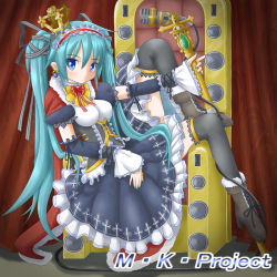 Rule 34 | 1girl, aqua hair, blue eyes, boots, chair, crown, detached sleeves, dress, earrings, hair ribbon, hatsune miku, headdress, jack (slaintheva), jewelry, long hair, looking at viewer, microphone, microphone stand, ribbon, sitting, solo, thighhighs, twintails, very long hair, vocaloid
