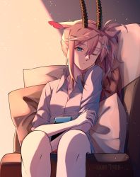 Rule 34 | 1girl, animal ears, arknights, blue eyes, closed mouth, collarbone, collared shirt, couch, dress shirt, earthspirit (arknights), english text, feet out of frame, hair between eyes, hair ornament, hairclip, highres, horns, long hair, minuo, nintendo switch, hugging object, on couch, one eye closed, pillow, pink hair, shirt, solo, white shirt