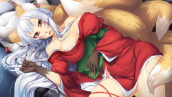 Rule 34 | 1girl, animal ears, animal hands, artist request, breasts, couch, eyeshadow, facial mark, fox ears, fox tail, game cg, hair ornament, kitsune, large breasts, long hair, looking at viewer, lying, makeup, monster musume no iru nichijou, monster musume no iru nichijou online, multiple tails, nail polish, official art, on back, open mouth, pink nails, solo, tail, thick eyebrows, thigh strap, very long hair, whiskers, white hair, yellow eyes, youko (monster musume)