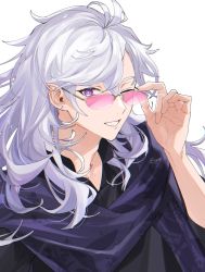 Rule 34 | 1boy, absurdres, black shirt, commentary, earrings, fate/grand order, fate (series), glasses, highres, jewelry, long hair, looking at viewer, male focus, merlin (camelot &amp; co) (fate), merlin (fate), purple eyes, scarf, shirt, sigm, simple background, smile, solo, teeth, twitter username, upper body, very long hair, white background, white hair