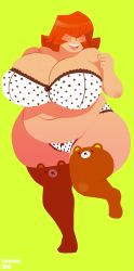 Rule 34 | 1girl, bra, breasts, brown hair, carmessi, cleavage, fat, freckles, hair over eyes, huge breasts, panties, thick thighs, thighhighs, thighs, underwear, wide hips