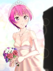 Rule 34 | 1boy, 1girl, androgynous, artist request, bare shoulders, blurry, blush, boku girl, bouquet, breasts, bridal veil, bride, cleavage, closed mouth, cowboy shot, depth of field, dress, eyelashes, flower, formal, from side, gloves, grey eyes, groom, hair ornament, happy, holding, holding bouquet, jewelry, lens flare, light smile, looking at another, looking at viewer, mole, mole under mouth, necklace, pendant, pink eyes, pink hair, rainbow background, raised eyebrows, rose, see-through, short hair, small breasts, smile, solo focus, spaghetti strap, suit, suzushiro mizuki, tiara, veil, wedding dress, white dress, white gloves