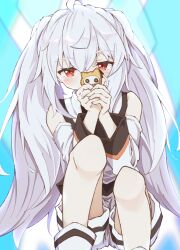 Rule 34 | 1girl, bare shoulders, commentary request, detached sleeves, feet out of frame, grey hair, hair between eyes, hands up, highres, holding, isla (plastic memories), jewelry, long hair, long sleeves, looking at viewer, matsuo (matuonoie), own hands together, plastic memories, red eyes, ring, shirt, short shorts, shorts, sleeveless, sleeveless shirt, solo, twintails, very long hair, white shirt, white shorts, white sleeves