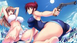 Rule 34 | 10s, 2girls, :o, arms up, ass, ball, barefoot, beachball, bikini, breasts, brown hair, cloud, competition swimsuit, day, end card, feet, folded ponytail, gun, handgun, impossible clothes, ishigaki takashi, koumi haruka, large breasts, left-handed, multiple girls, one-piece swimsuit, open mouth, outdoors, rail wars!, red hair, revolver, sakurai aoi, sky, soles, sun, surprised, swimsuit, toes, water, water gun, weapon, white bikini