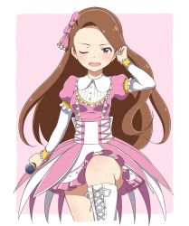 Rule 34 | 084 pro, 1girl, adjusting hair, boots, bow, brown eyes, brown hair, cross-laced footwear, dress, frills, hair bow, hairband, highres, idolmaster, idolmaster (classic), long hair, looking at viewer, microphone, minase iori, one eye closed, solo