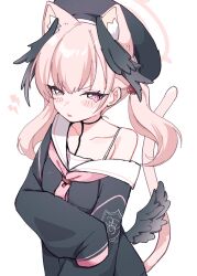 Rule 34 | 1girl, animal ear fluff, animal ears, beret, black hat, black shirt, black wings, blue archive, blush, cat ears, cat tail, collarbone, extra ears, feathered wings, halo, hat, head wings, highres, koharu (blue archive), long hair, looking at viewer, open mouth, pink eyes, pink hair, pink halo, sailor collar, sailor shirt, sentouryoku 5, shirt, simple background, sleeves past fingers, sleeves past wrists, solo, tail, twintails, upper body, white background, white sailor collar, wings