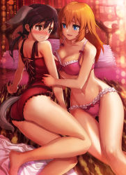 Rule 34 | 2girls, animal ears, arm support, ass, bed, blue eyes, blush, bra, breasts, brown hair, charlotte e. yeager, cleavage, dog ears, extra ears, frilled bra, frilled panties, frills, gertrud barkhorn, highres, long hair, lying, medium breasts, michairu, multiple girls, navel, on side, orange hair, panties, pink bra, pink panties, ponytail, red panties, strike witches, tail, tears, thigh gap, underwear, underwear only, world witches series, yuri