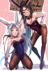Rule 34 | 2girls, animal ear fluff, animal ears, arm up, armpits, azur lane, bare shoulders, black-framed eyewear, black bow, black hair, black legwear, black leotard, blue eyes, blush, bow, bowtie, breasts, commentary request, covered navel, detached collar, fake animal ears, full body, glasses, heart, high heels, hiryuu (azur lane), kneeling, leaning forward, leotard, long hair, looking at viewer, medium breasts, moji (mojimozis), multiple girls, pantyhose, parted bangs, pink background, playboy bunny, rabbit ears, rabbit girl, rabbit tail, red bow, romaji text, semi-rimless eyewear, sidelocks, sign, simple background, souryuu (azur lane), standing, strapless, strapless leotard, tail, translation request, two-tone background, under-rim eyewear, very long hair, white background, white hair, wing collar, wrist cuffs
