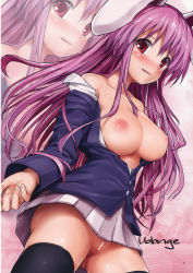 Rule 34 | 1girl, animal ears, bar censor, bare shoulders, black thighhighs, blastbeat, blazer, blush, breasts, censored, female focus, from below, highres, jacket, large breasts, long hair, nipples, no bra, no panties, off shoulder, open clothes, open mouth, pink hair, pleated skirt, purple hair, pussy, pussy juice, rabbit ears, red eyes, reisen udongein inaba, skirt, solo, thighhighs, touhou, upskirt, zoom layer