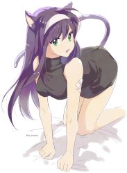 Rule 34 | 1girl, ahoge, all fours, alternate costume, animal ears, bandages, bed sheet, black shirt, breasts, cat ears, cat girl, cat tail, cyaca ab, fang, fire emblem, fire emblem: path of radiance, fire emblem: radiant dawn, green eyes, hairband, long hair, looking at viewer, medium breasts, mia (fire emblem), nintendo, open mouth, purple hair, shirt, simple background, solo, straight hair, tail, turtleneck, twitter username, white background
