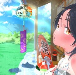 Rule 34 | 1girl, absurdres, bare shoulders, black hair, blue sky, blurry, blurry background, blush, bottle, check commentary, close-up, cloud, cloudy sky, commentary, commentary request, crocs, cup, day, drinking glass, fish, food, fruit, goldfish, grass, hand fan, highres, holding, holding fan, hot, koi, light particles, light rays, looking at viewer, looking to the side, mountain, original, outdoors, parted bangs, parted lips, porch, renfa666, see-through, shade, shirt tug, sky, sleeveless, sliding doors, soda, soda bottle, summer uniform, sunlight, sweat, sweaty clothes, unworn footwear, upper body, very sweaty, water bottle, watermelon, watermelon slice, wet, wet hair, wind chime, yellow eyes