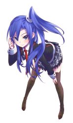 Rule 34 | 10s, 1girl, bent over, blue eyes, blue hair, boots, bow, brown footwear, collared shirt, comb, cross-laced footwear, floating hair, from above, hair between eyes, hand on own knee, highres, kazanari tsubasa, lace-up boots, long hair, long sleeves, looking at viewer, matching hair/eyes, necktie, pleated skirt, pointed boots, pointy footwear, school uniform, senki zesshou symphogear, shiny skin, shirt, shoelaces, side ponytail, simple background, skirt, sleeve cuffs, smile, solo, thigh boots, thighhighs, white background, yuuto (chakokin), zettai ryouiki