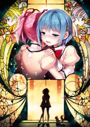 Rule 34 | 10s, 2girls, absurdres, blue eyes, blue hair, blush, crying, crying with eyes open, hair ornament, hairclip, hands on shoulders, highres, hug, juliet sleeves, kamijou kyousuke, kaname madoka, kyubey, long sleeves, mahou shoujo madoka magica, mahou shoujo madoka magica (anime), miki sayaka, multiple girls, nardack, open mouth, pink hair, puffy sleeves, scan, school uniform, shadow, shizuki hitomi, short hair, short twintails, silhouette, stained glass, tears, twintails