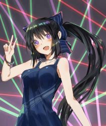 Rule 34 | 1girl, black hair, blue bow, blue dress, blush, bow, bracelet, breasts, commentary request, dress, fang, hair bow, jewelry, large breasts, long hair, looking at viewer, nail polish, noccu, noihara himari, omamori himari, open mouth, pendant, pink nails, ponytail, purple eyes, solo, v, very long hair