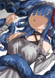 Rule 34 | 1girl, clothing cutout, grey shirt, hands up, highres, megame (okbnkn), mizudako-chan (okbnkn), open mouth, original, ringed eyes, shadow, shirt, shoulder cutout, simple background, solo, tentacle hair, upper body, white background