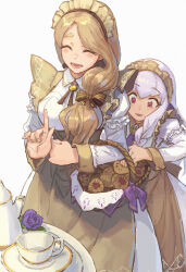 Rule 34 | 2girls, alternate costume, apron, basket, blonde hair, bow, braid, closed mouth, cookie, cup, enmaided, fire emblem, fire emblem: three houses, fire emblem heroes, flower, food, food theft, green little, hair bow, highres, long hair, lysithea von ordelia, lysithea von ordelia (tea party), maid, maid apron, maid headdress, mercedes von martritz, mercedes von martritz (tea party), multiple girls, nintendo, official alternate costume, official alternate hairstyle, open mouth, pink eyes, purple flower, purple rose, rose, smile, teacup, teapot, theft, twin braids, white hair