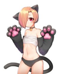 Rule 34 | 10s, 1girl, animal ears, animal hands, bags under eyes, bandages, bell, blonde hair, blush, cat paws, cat tail, collar, earrings, elbow gloves, flat chest, gloves, hair over one eye, idolmaster, idolmaster cinderella girls, jewelry, looking at viewer, mugcan, navel, neck bell, paw gloves, red eyes, sarashi, shirasaka koume, short hair, smile, solo, tail