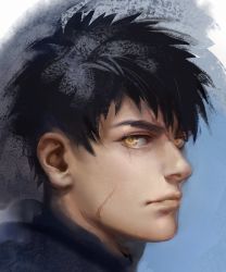Rule 34 | 1boy, black hair, doudanuki masakuni, lips, looking at viewer, looking to the side, male focus, portrait, pukun, realistic, scar, scar on face, scar on forehead, smile, solo, spiked hair, touken ranbu, yellow eyes