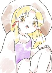 Rule 34 | 1girl, :d, blonde hair, blush, commentary request, dress, feet out of frame, flat chest, from below, hand on own knee, happy, hat, highres, long hair, long sleeves, looking at viewer, moriya suwako, open mouth, parted bangs, petite, purple dress, sanunu36, sidelocks, simple background, smile, solo, squatting, teeth, thighhighs, touhou, turtleneck, upper teeth only, white background, white thighhighs, yellow eyes