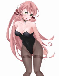 Rule 34 | 1girl, :d, akashi (kancolle), arms behind back, bare shoulders, black choker, black leotard, blush, breasts, brown pantyhose, choker, cleavage, collarbone, embarrassed, female focus, green eyes, hair ribbon, head tilt, jewelry, kantai collection, leaning forward, leotard, long hair, looking at viewer, medium breasts, necklace, open mouth, pantyhose, pink hair, playboy bunny, ribbon, screw, shy, simple background, smile, solo, soutou (user wzuw4587), standing, strapless, strapless leotard, thighband pantyhose, tress ribbon, white background