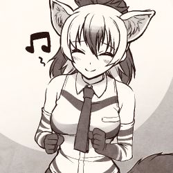 Rule 34 | 1girl, ^ ^, aardwolf (kemono friends), aardwolf print, animal ears, animal print, bad id, bad pixiv id, bare shoulders, breast pocket, clenched hands, closed eyes, closed mouth, collared shirt, elbow gloves, extra ears, facing viewer, furrowed brow, gloves, greyscale, hair between eyes, hands up, happy, high ponytail, kemono friends, long hair, lowres, monochrome, multicolored hair, musical note, necktie, pocket, ponytail, print gloves, print shirt, shirt, smile, solo, tail, totokichi, two-tone hair, upper body, wing collar